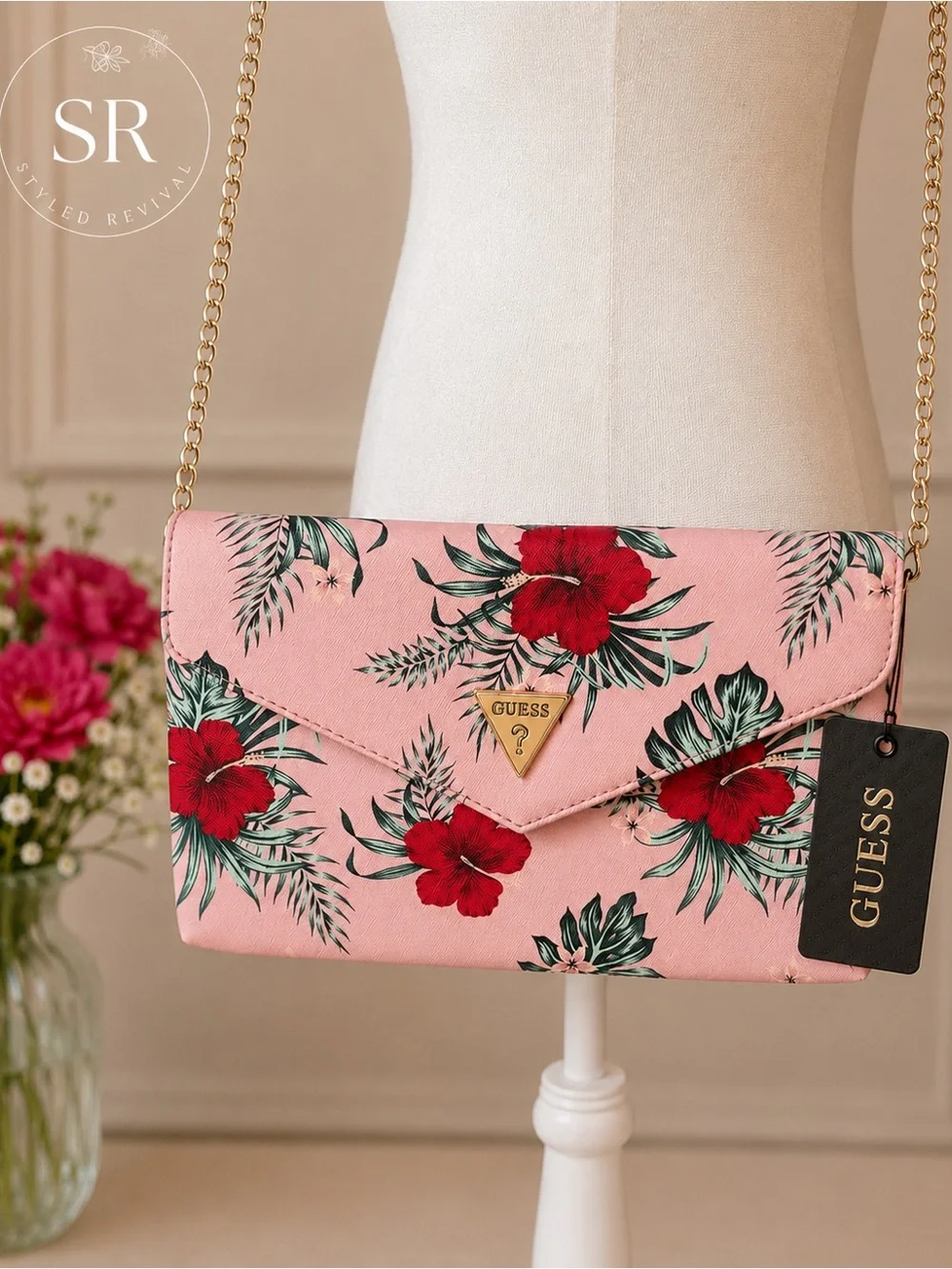 GUESS Pink Floral Envelope Clutch with Gold Chain